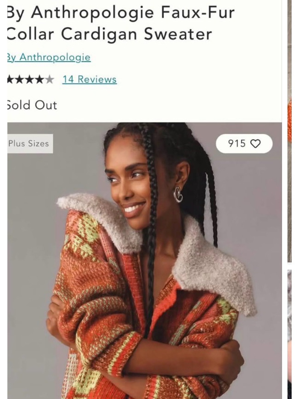 Anthropologie Orange, Brown & Yellow Faux-Fur Collar Cardigan